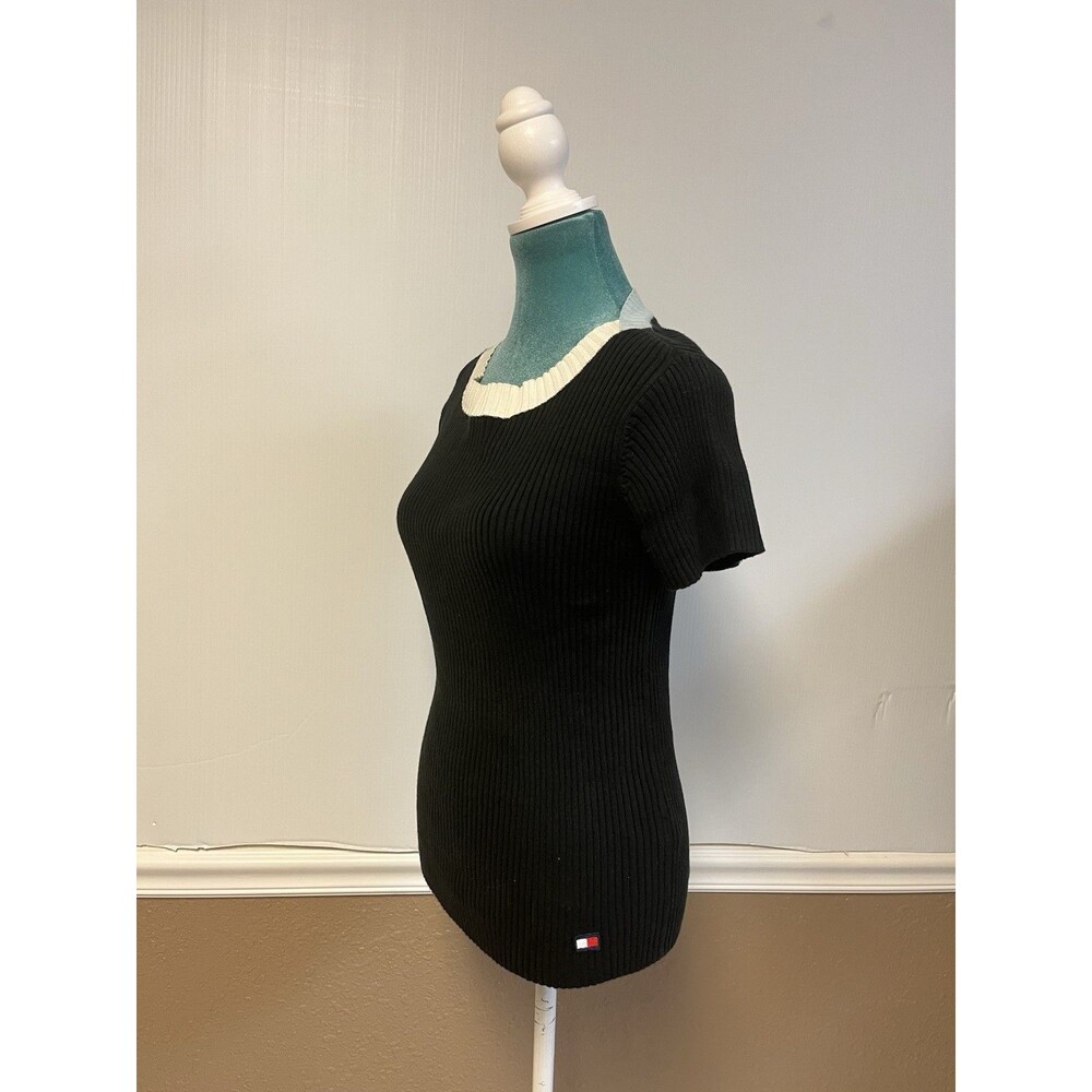 Vintage Tommy‎ Hilfiger Y2K Ribbed Colorblock Top Black White Crewneck – Size S - Picture 2 of 4